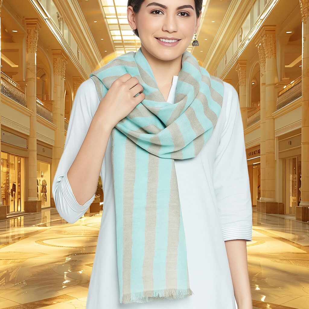 Aqua & Beige Striped Pashmina Stole