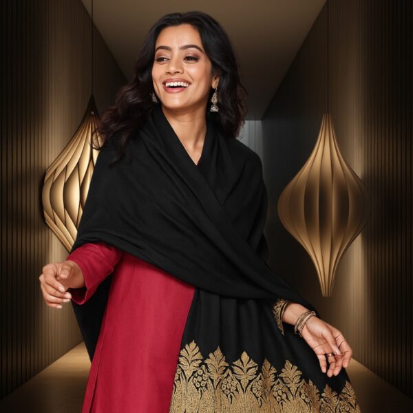 Black Pashmina Shawl with Rich Golden Zari