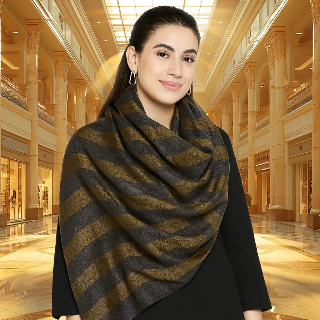 Golden Olive & Black Striped Pashmina Stole