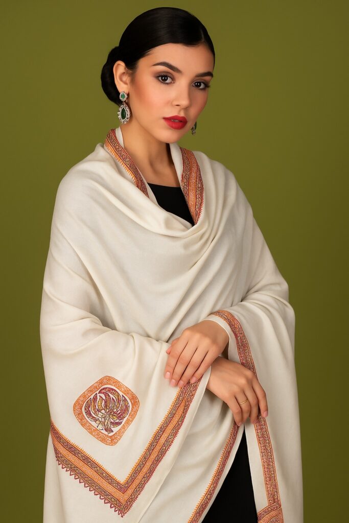 Off-White Handwoven Pashmina Shawl with Corner Motifs