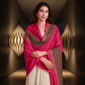 Pink Embroidered Pashmina Shawl with Paisley Floral Border
