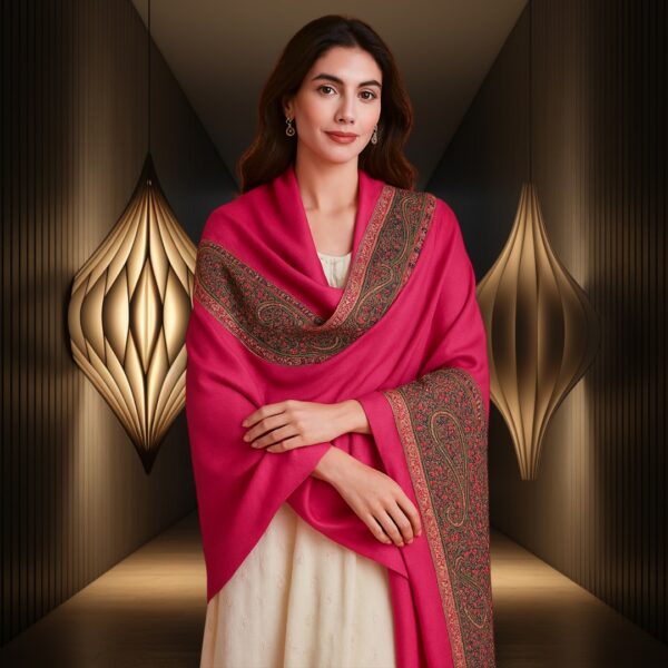 Pink Embroidered Pashmina Shawl with Paisley Floral Border