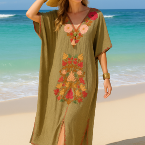 Army Green Boho Kaftan with Floral Motif