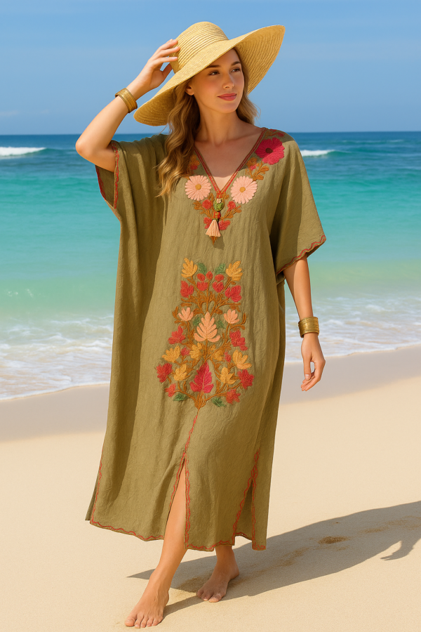 Army Green Boho Kaftan with Floral Motif