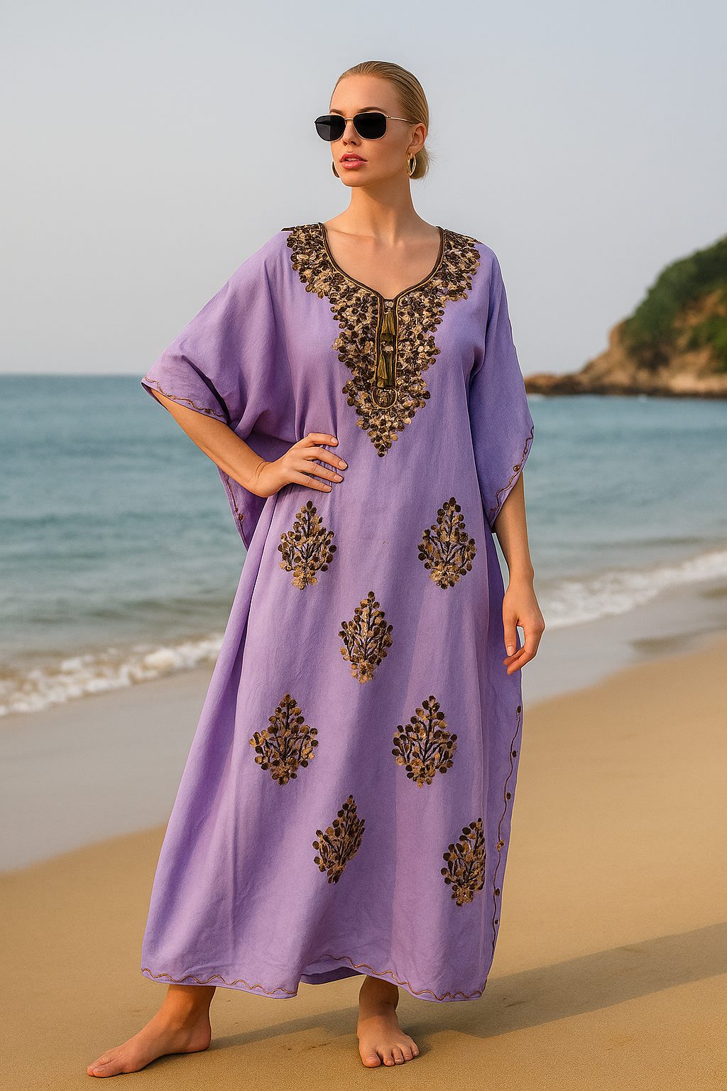 Lavender Embroidered Kaftan Dress