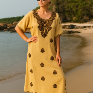 Mustard Yellow Kaftan Dress with Brown Embroidery