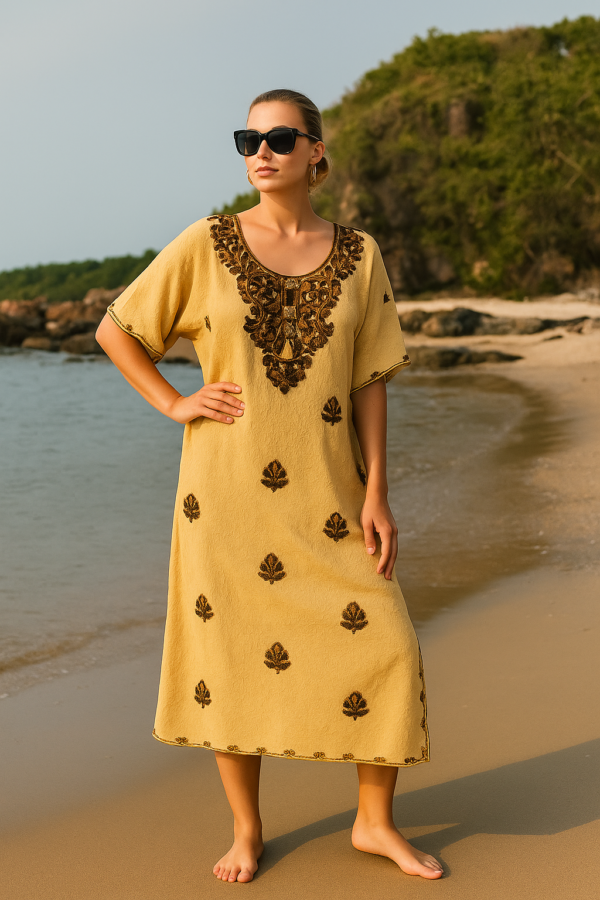 Mustard Yellow Kaftan Dress with Brown Embroidery