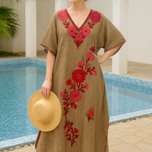 Olive Brown Kaftan with Bold Red Floral Embroidery