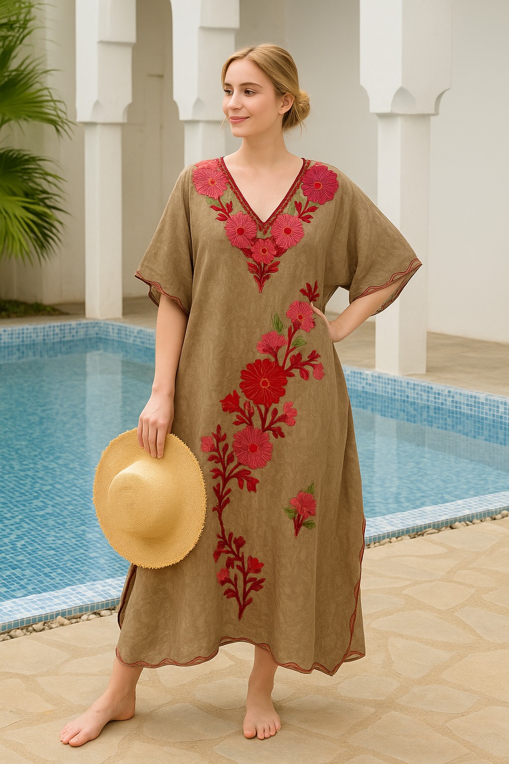 Olive Brown Kaftan with Bold Red Floral Embroidery