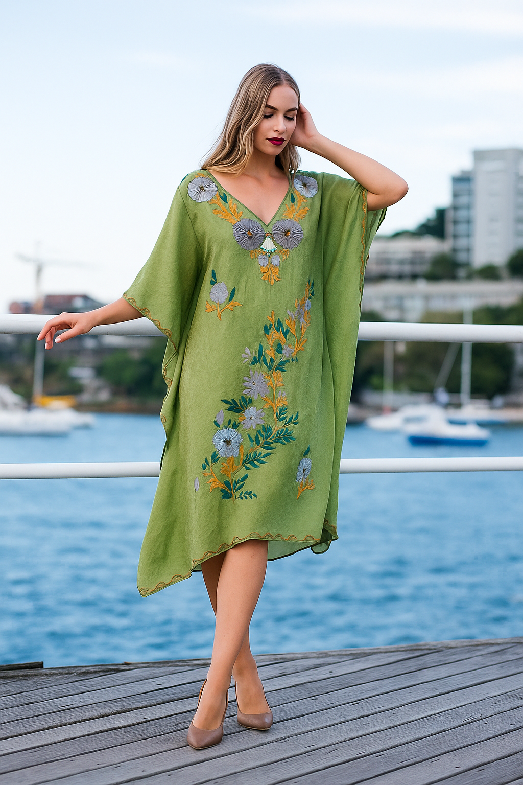 Olive Green Floral Kaftan for Women