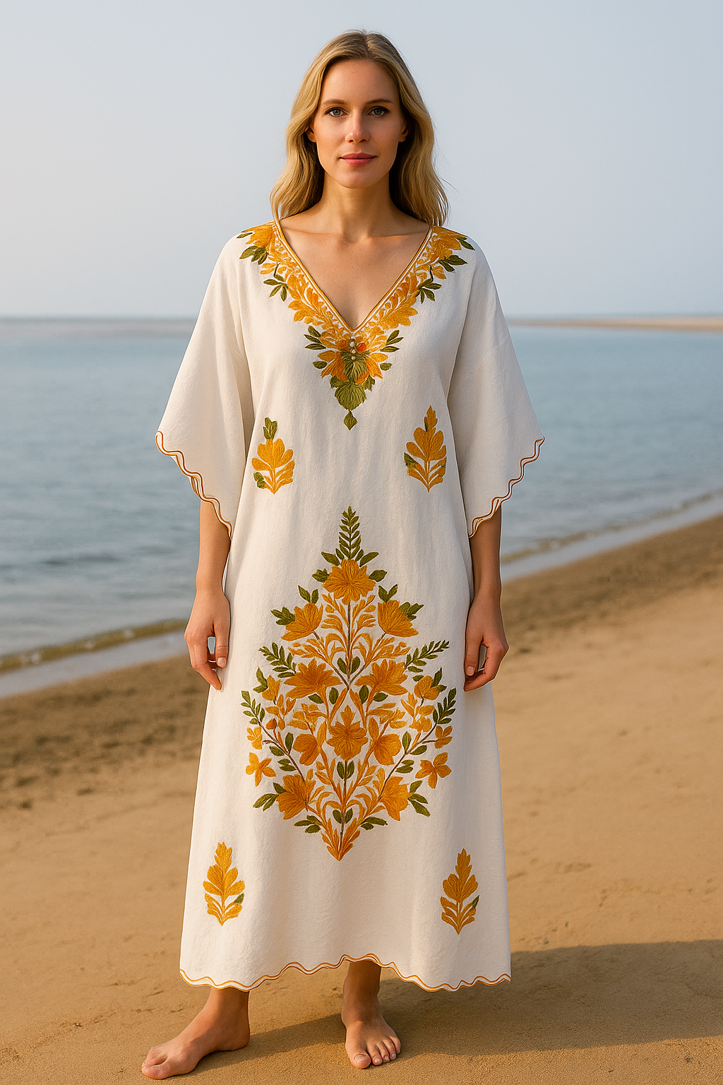 White Cotton Kaftan with Mustard Floral Motifs