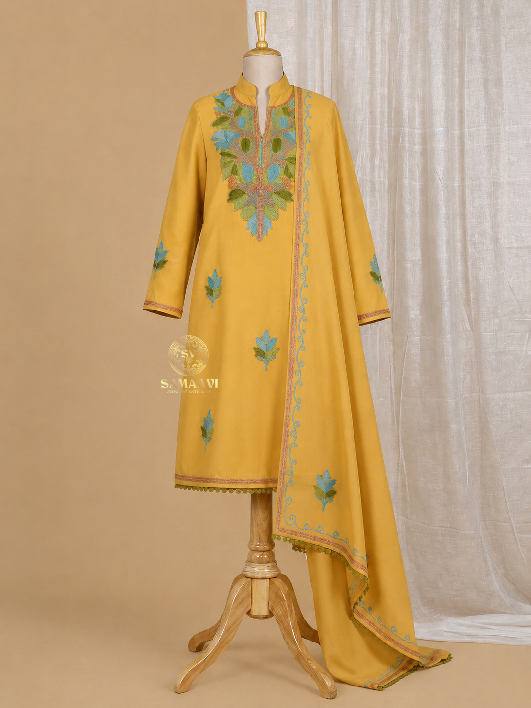 Elegant Yellow Suit with Blue Floral Embroidery