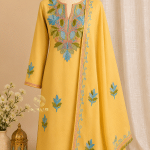 Elegant Yellow Suit with Blue Floral Embroidery