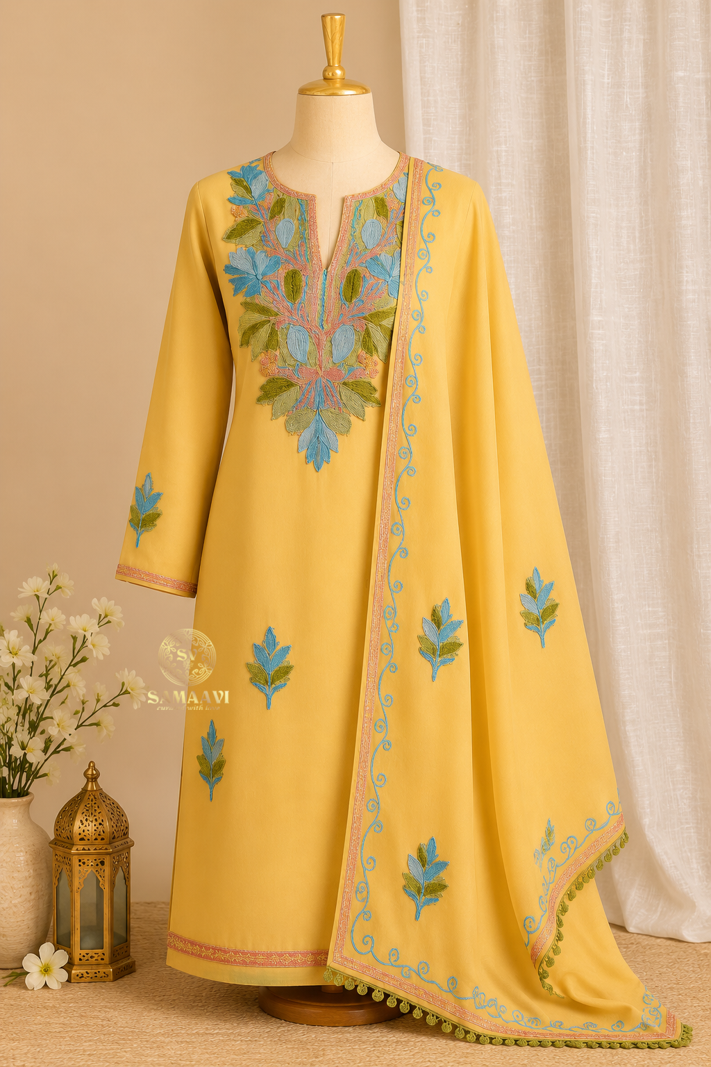 Elegant Yellow Suit with Blue Floral Embroidery