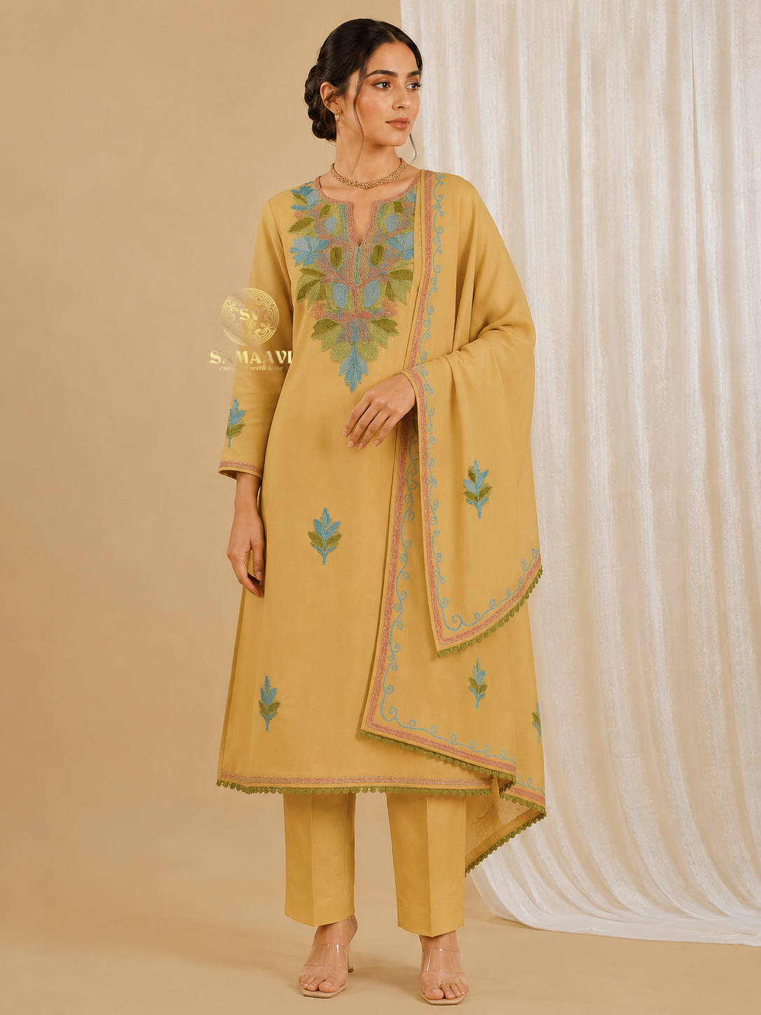 Elegant Yellow Suit with Blue Floral Embroidery - Image 4