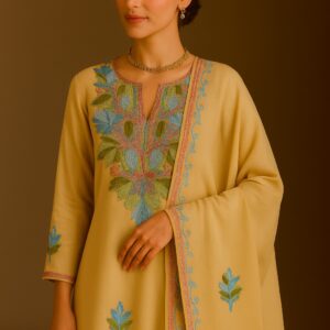 Elegant Yellow Suit with Blue Floral Embroidery