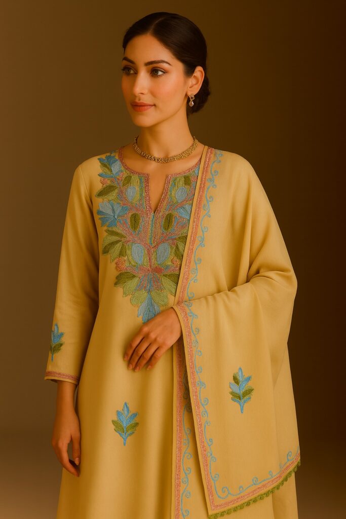 Elegant Yellow Suit with Blue Floral Embroidery