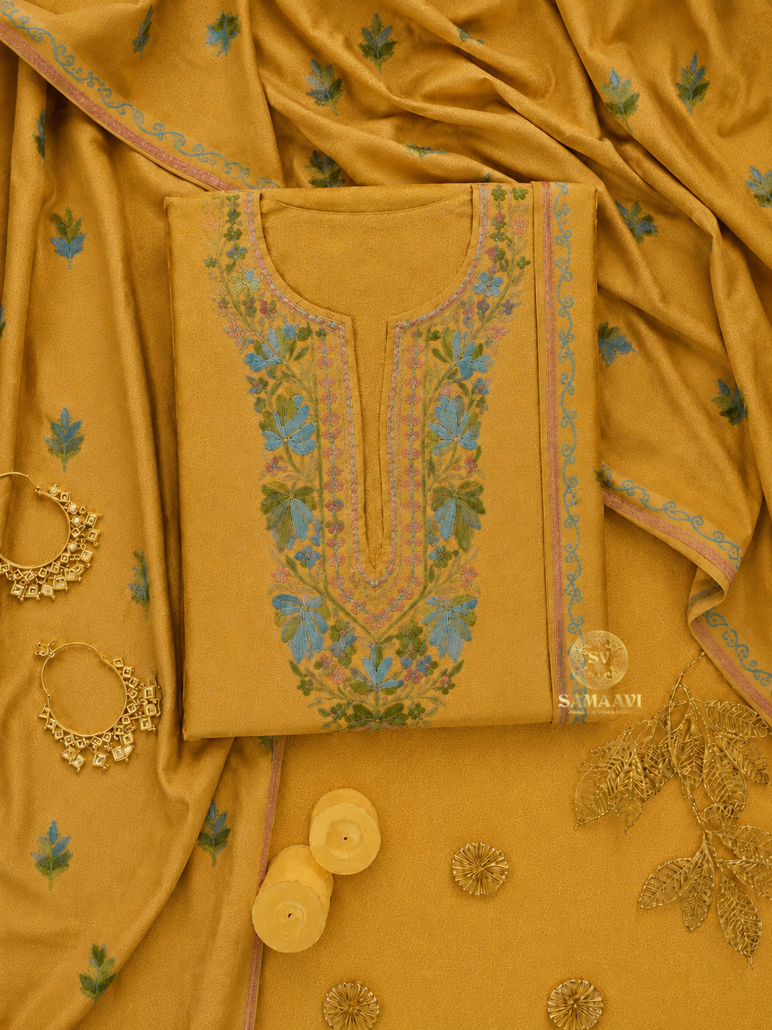 Elegant Yellow Suit with Blue Floral Embroidery