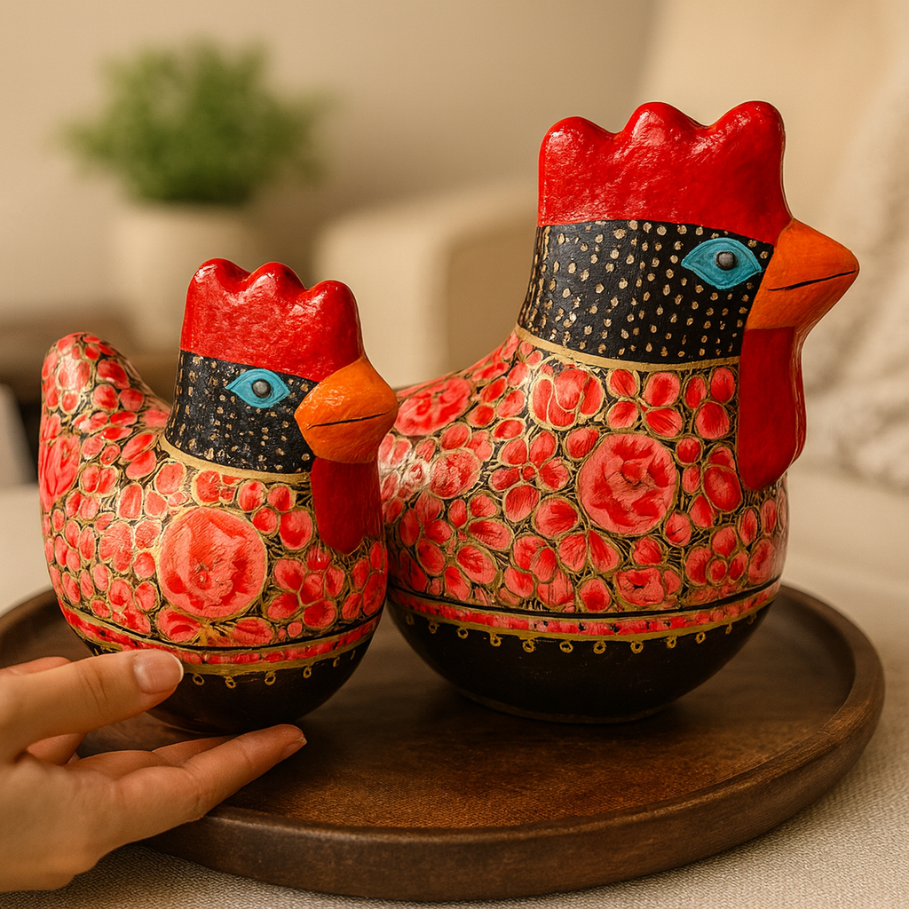 Red Paper Mâché Hen Pair Box
