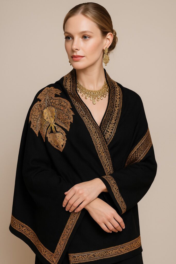 Black Pashmina Shawl with Golden Embroidery