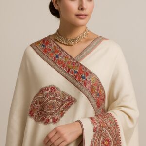 Ivory Pashmina Shawl with Colorful Floral Hand Embroidery