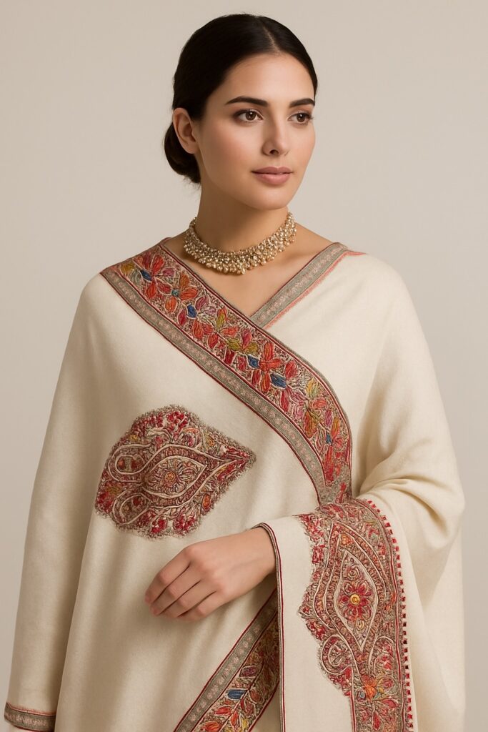 Ivory Pashmina Shawl with Colorful Floral Hand Embroidery