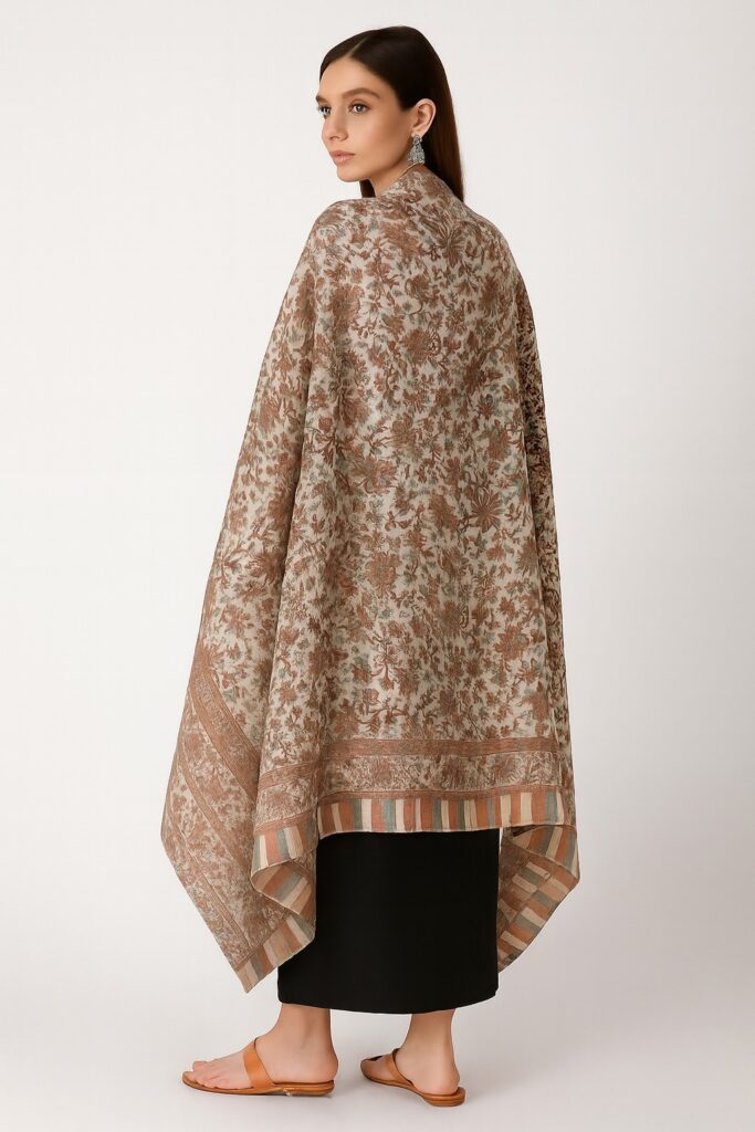 Light Brown Pashmina Shawl with All-Over Floral Pattern