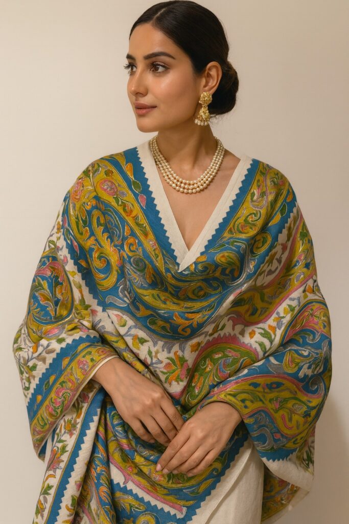 Multicolor Pashmina Shawl with Blue & Green Floral Motifs