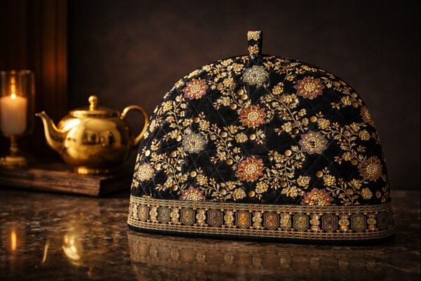 Luxury Embroidered Velvet Kettle Cover with Floral Handwork