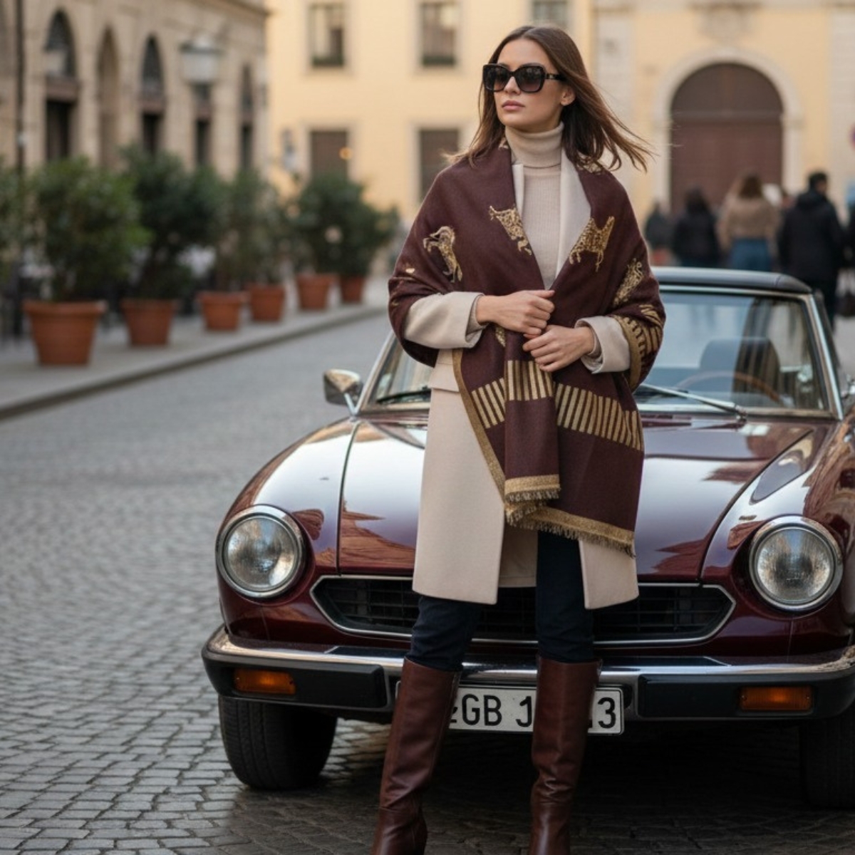 Maroon Woven Stole with Golden Horse Motif