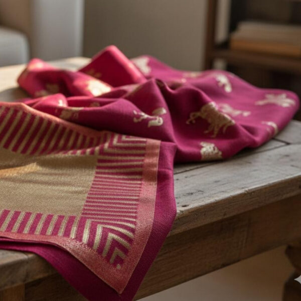 Pink Pashmina Stole with Gold Thread Work Motifs - Image 3