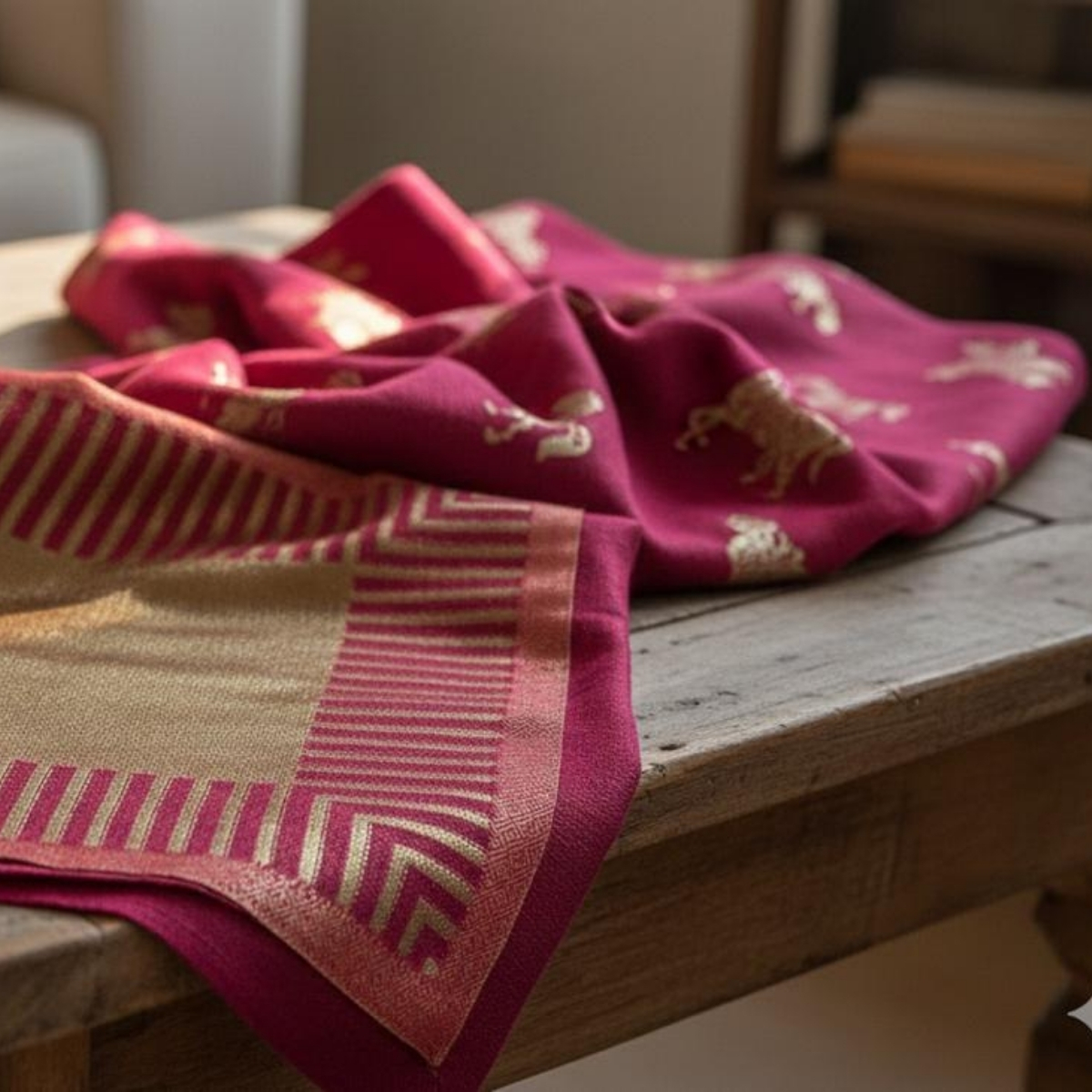 Pink Pashmina Stole with Gold Thread Work Motifs - Image 3