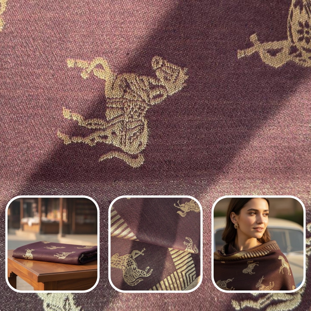 Maroon Woven Stole with Golden Horse Motif - Image 5