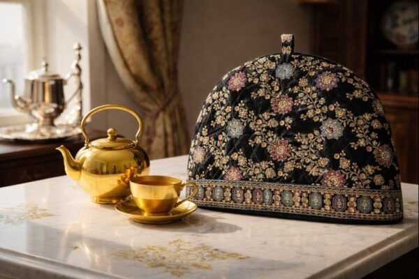 Luxury Embroidered Velvet Kettle Cover with Floral Handwork