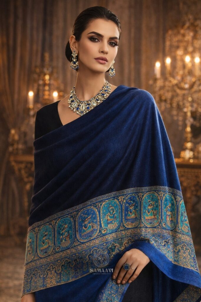 Royal Blue Luxury Pashmina Shawl with Traditional Border