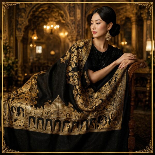 Black Pashmina Shawl Royal Mughal Pattern