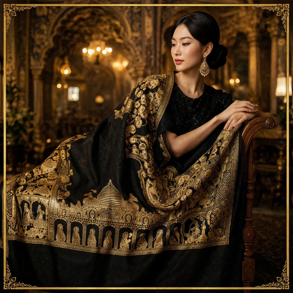 Black Pashmina Shawl Royal Mughal Pattern