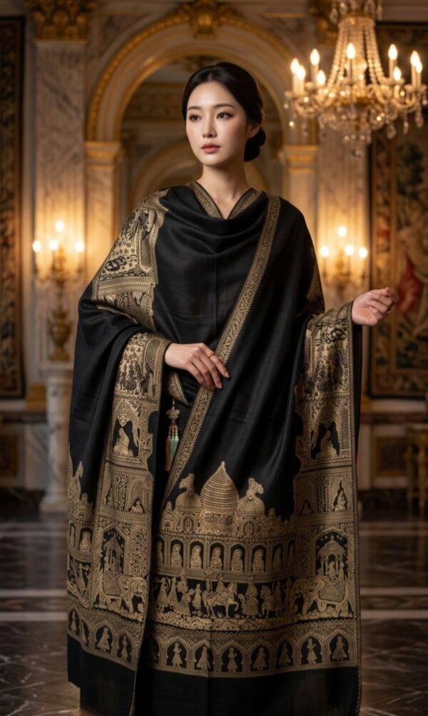 Black Pashmina Shawl Royal Mughal Pattern