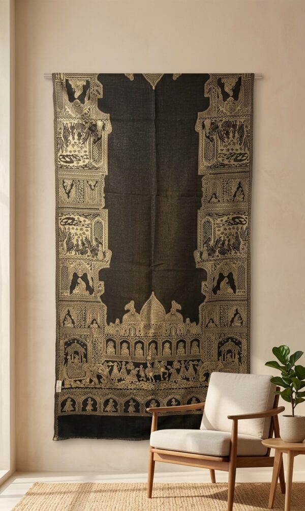 Black Semi Pashmina Shawl Royal Mughal Pattern - Image 3