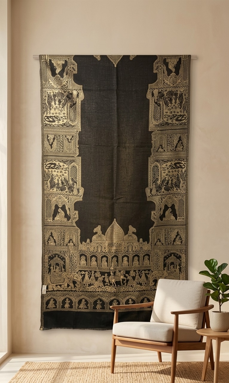 Black Semi Pashmina Shawl Royal Mughal Pattern - Image 3
