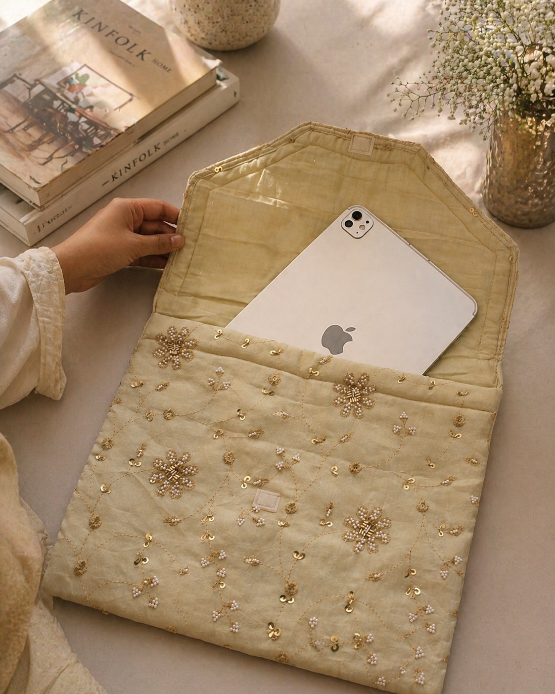 Luxury Embroidered MacBook Cover with Floral Handwork - Image 2