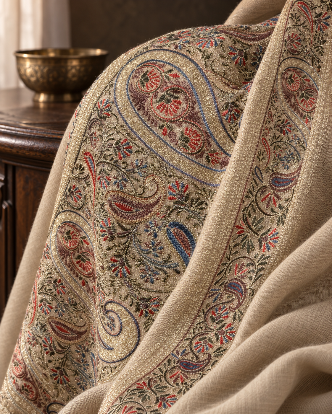 Paisley Border Embroidered Pashmina Shawl