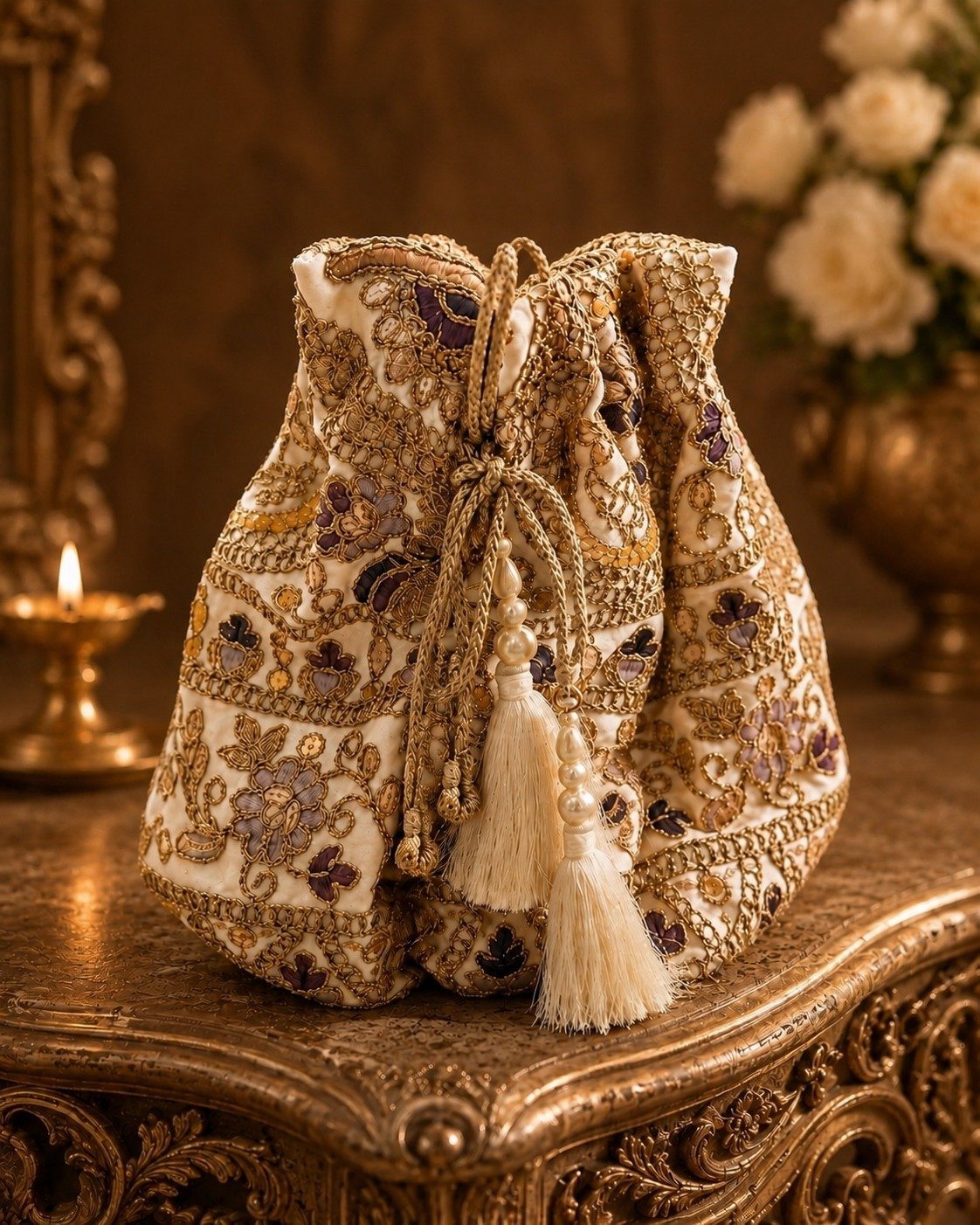 Luxury Embroidered Beige Kettle Cover with Floral Handwork - Image 4