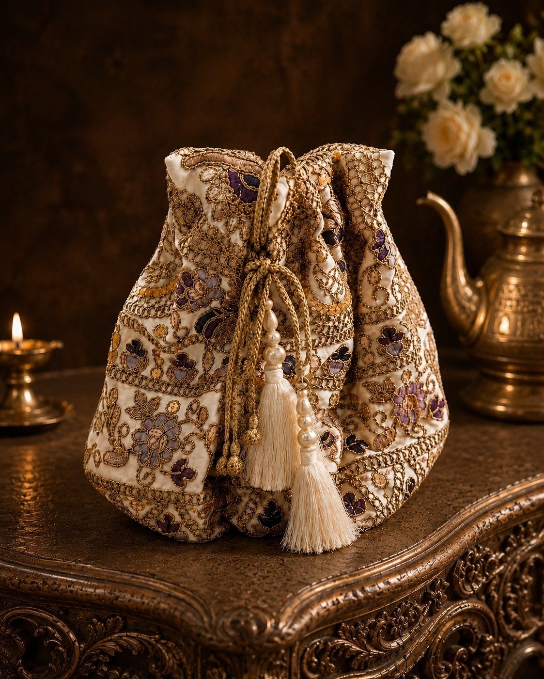 Luxury Embroidered Beige Kettle Cover with Floral Handwork - Image 3
