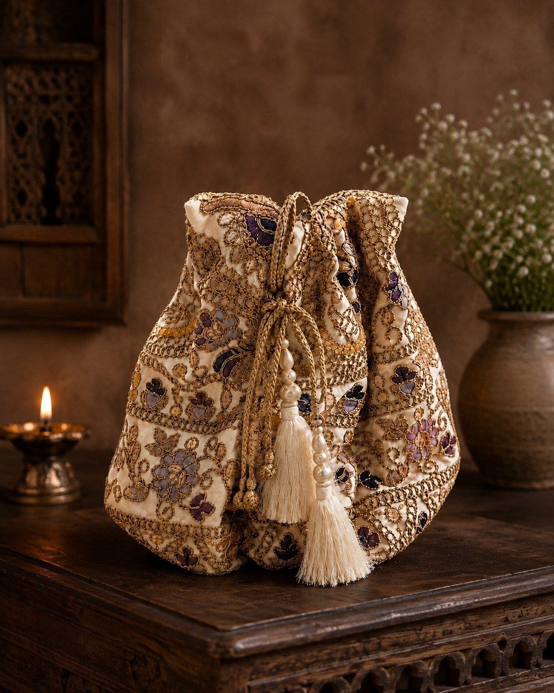 Luxury Embroidered Beige Kettle Cover with Floral Handwork - Image 2