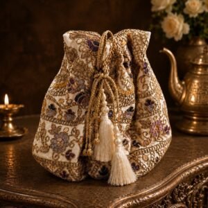 Luxury Embroidered Beige Kettle Cover with Floral Handwork