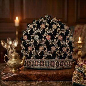 Black embroidered kettle cover with potli