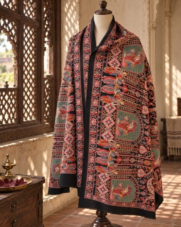 Black Mughal Darbar Semi Pashmina Blend Shawl - Image 2