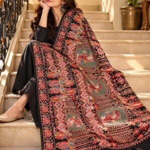 Black Mughal Darbar Semi Pashmina Blend Shawl