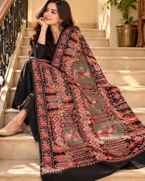 Black Mughal Darbar Semi Pashmina Blend Shawl